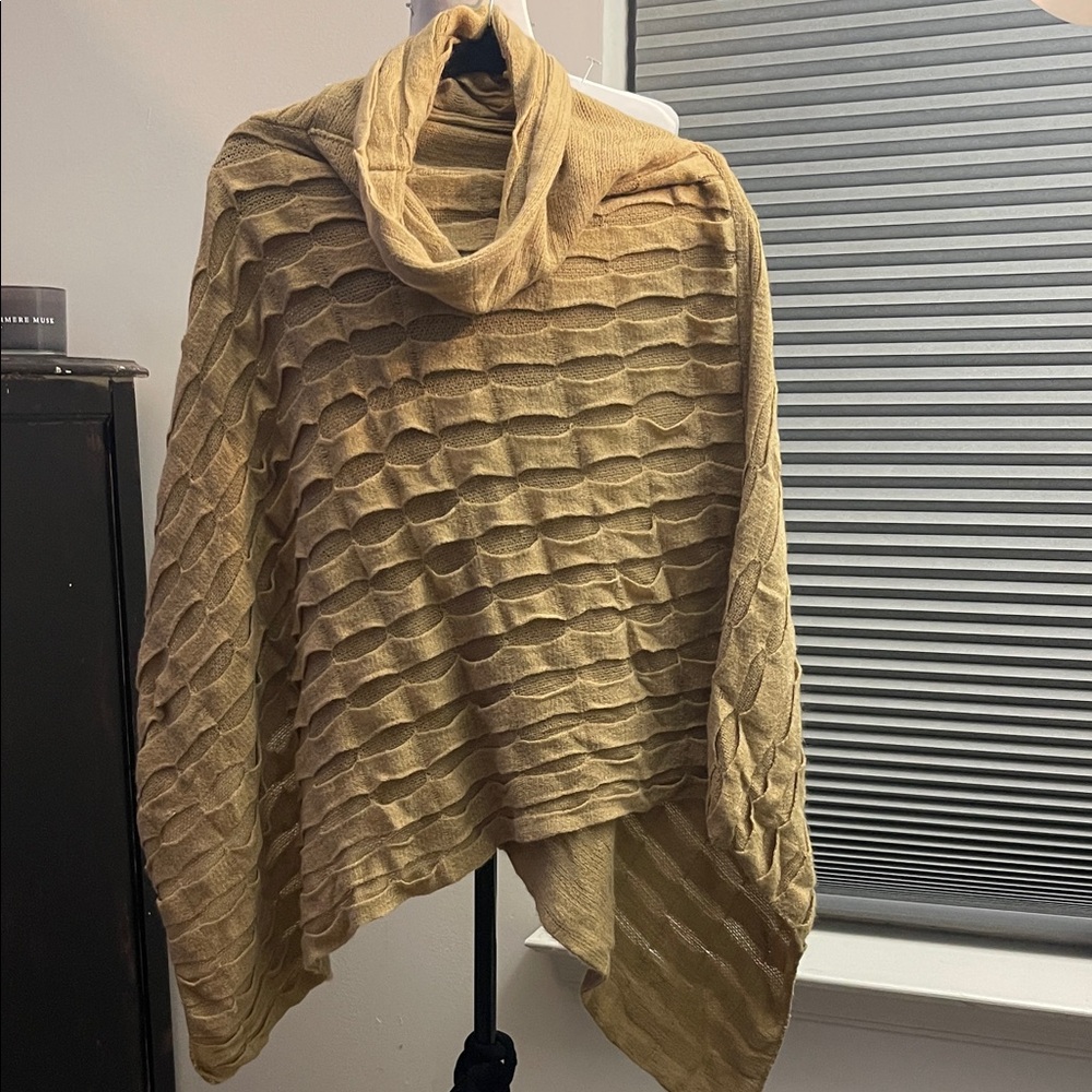 Turtleneck Cable-Textured Women's Sweater Poncho in Camel